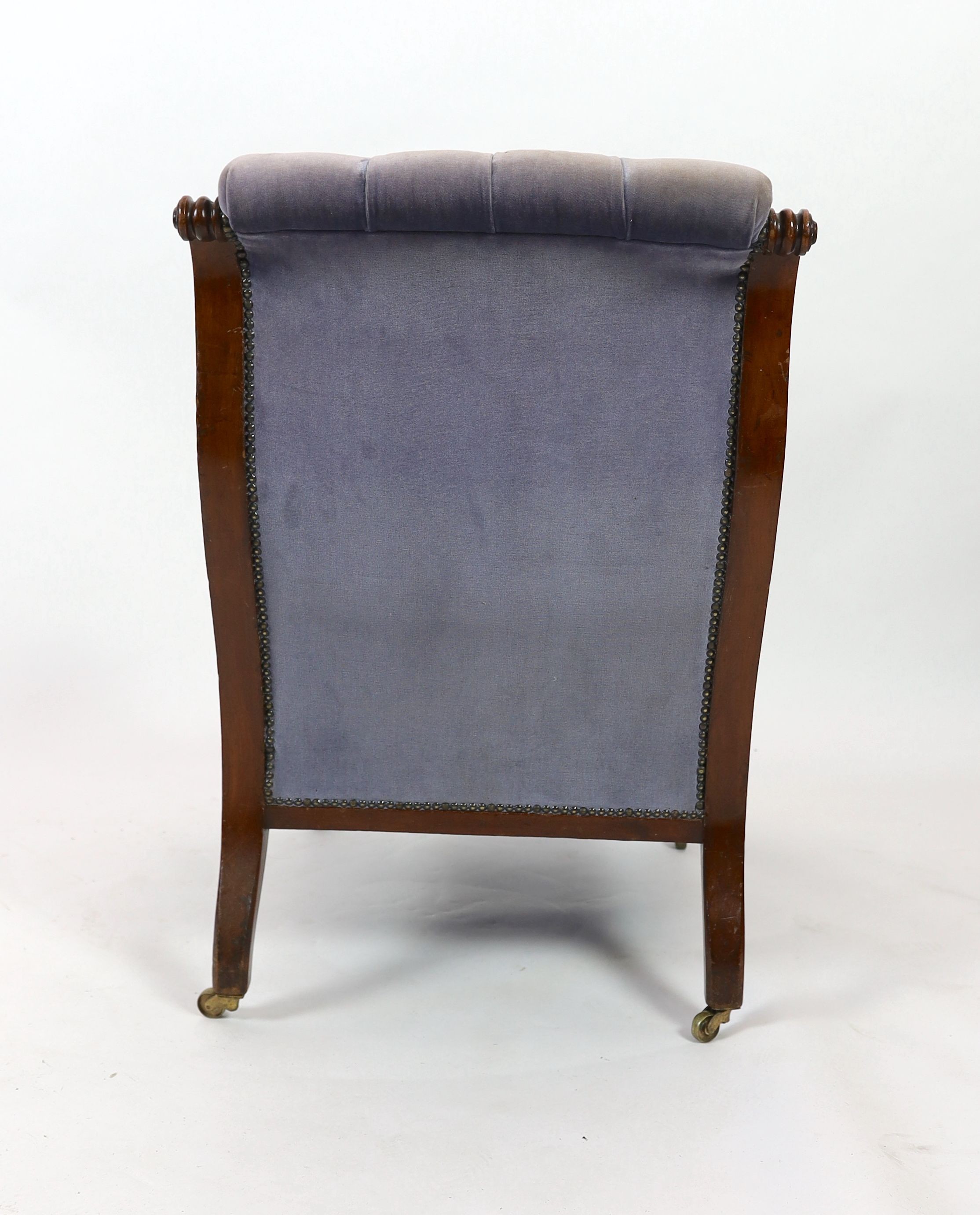 A Victorian mahogany upholstered armchair, width 66cm depth 74cm height 94cm